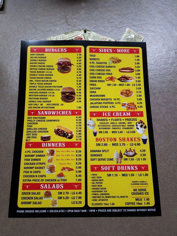 Menu at Texas Burger restaurant, Gustine