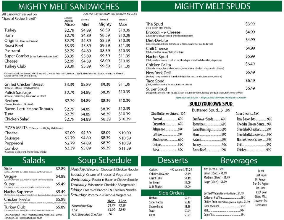 Menu At Mighty Melt Sandwich & Spud Restaurant, Sedalia