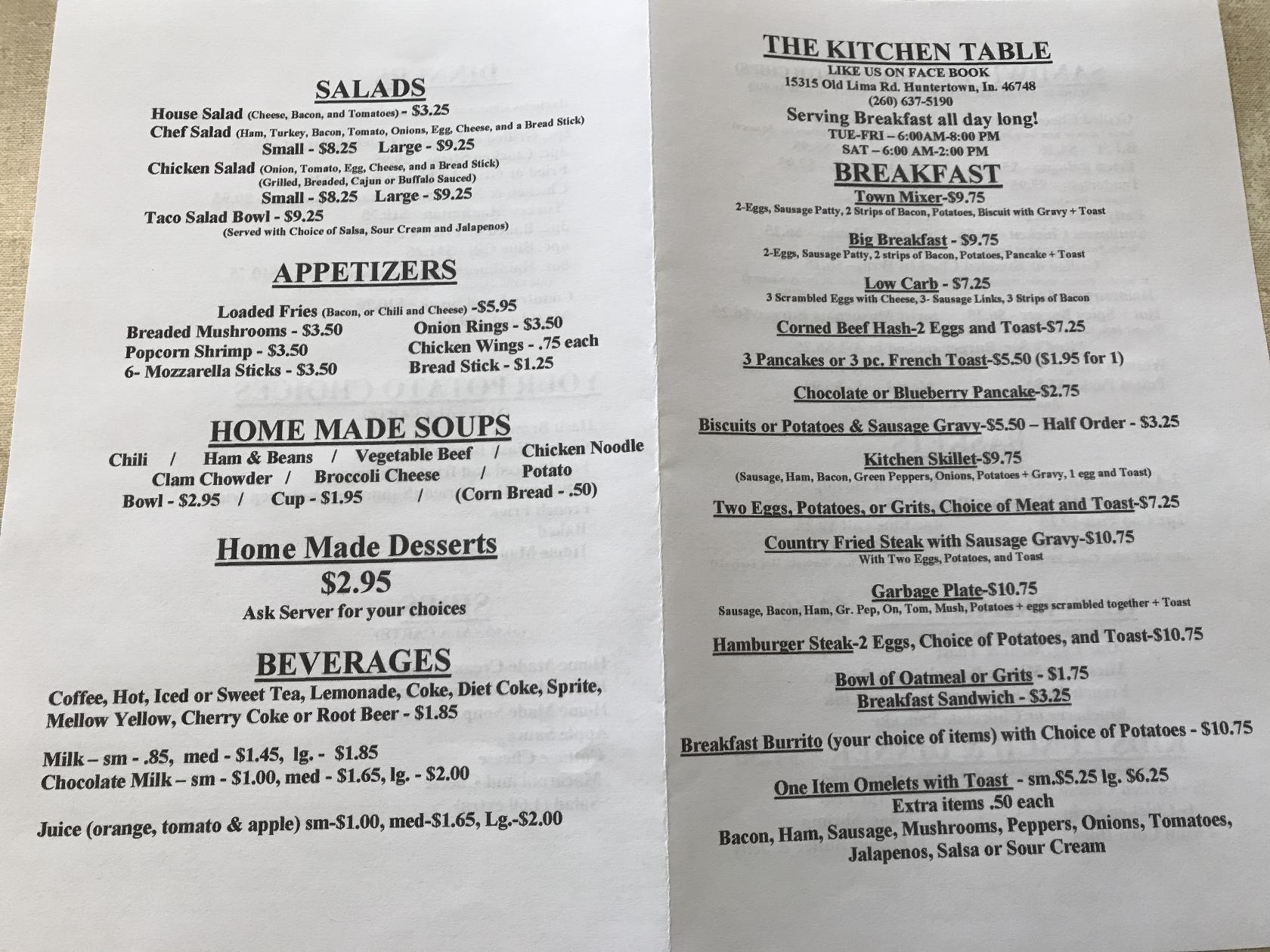 kitchen and table menu