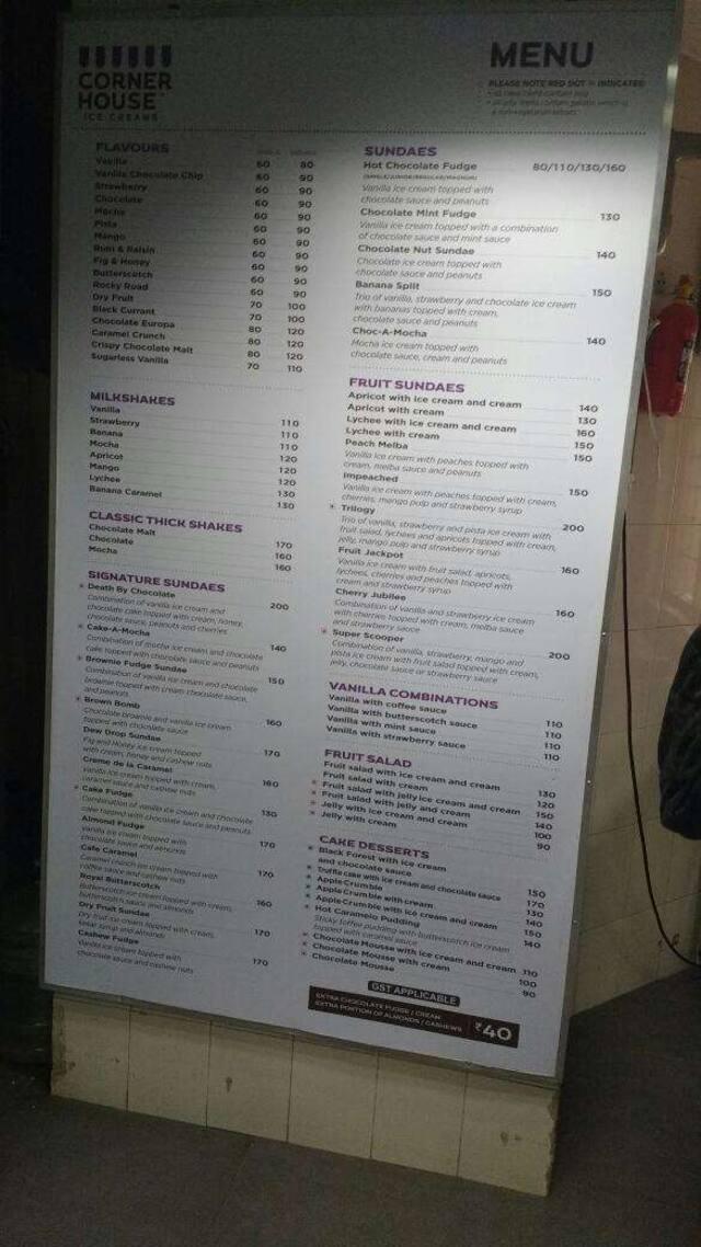 Menu at Corner House, Bengaluru