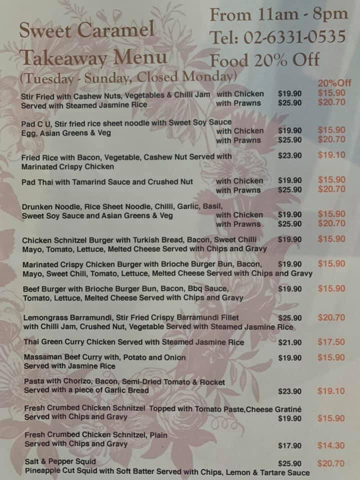 Menu at Sweet Caramel cafe, Bathurst