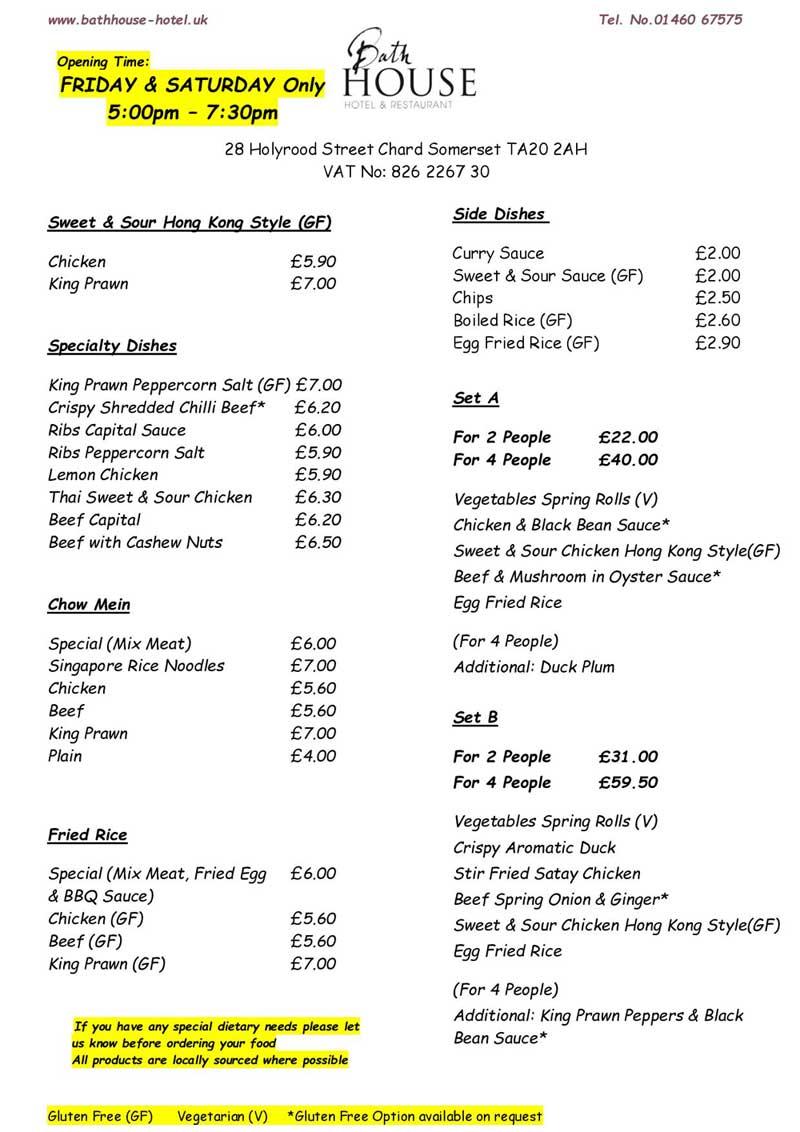 Menu at Bath House Hotel & Restaurant, Chard