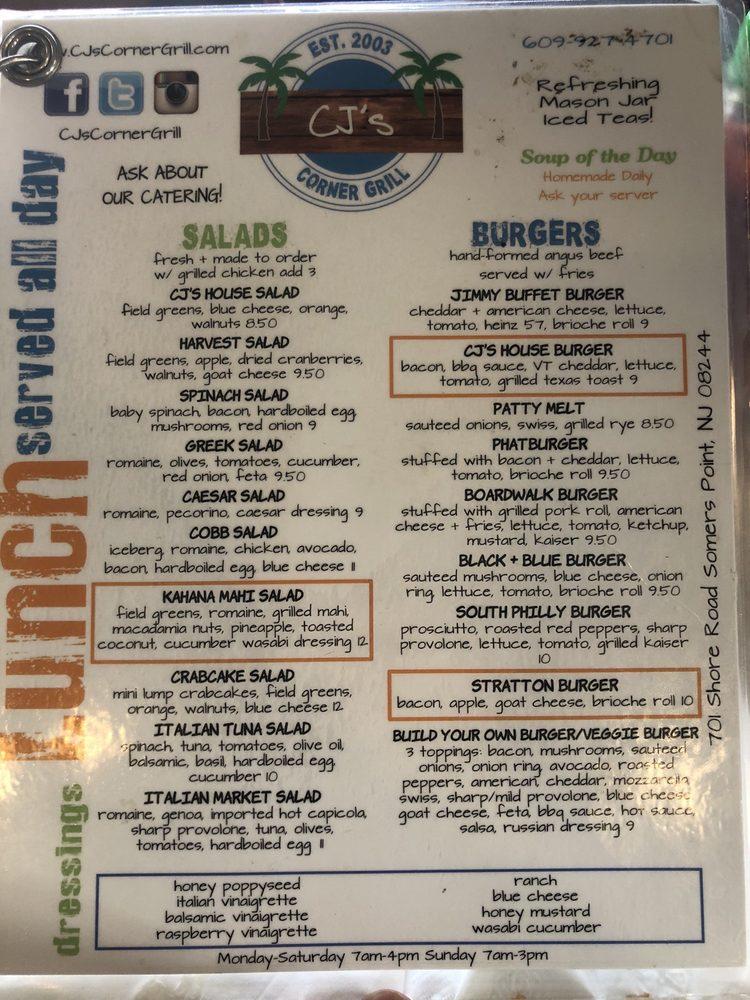 Menu at C J's Corner restaurant, Somers Point