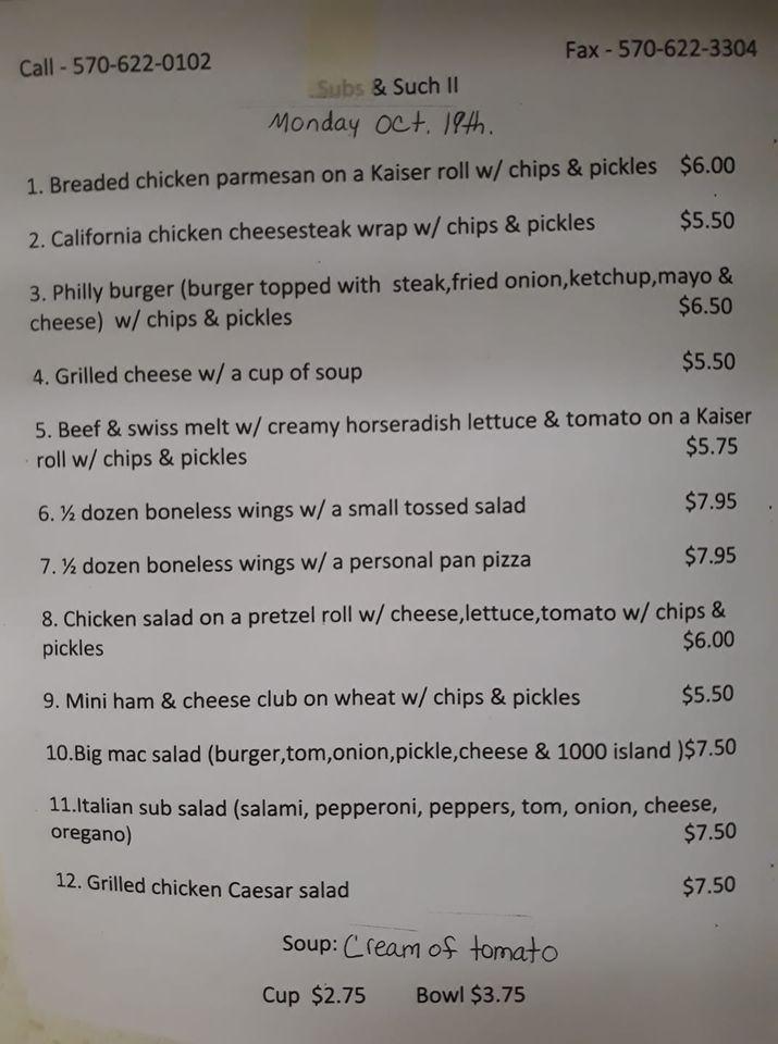 Menu at Subs N' Such restaurant, Pottsville