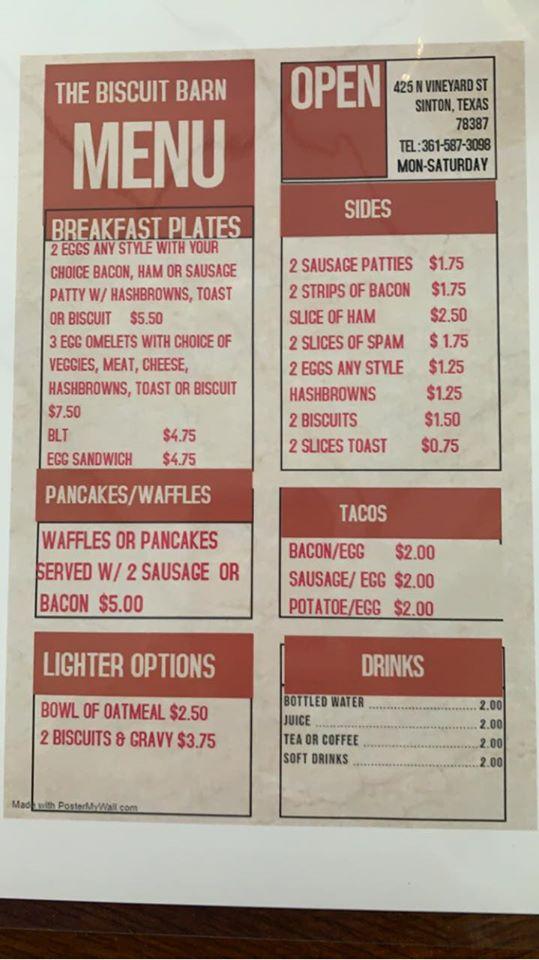 Menu at The Biscuit Barn, Sinton