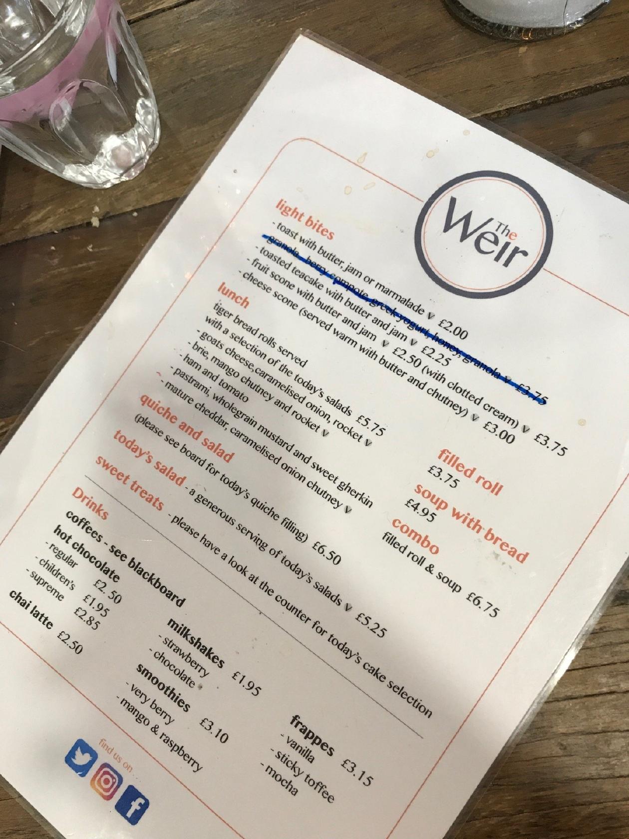 Menu at The Weir cafe, Taunton