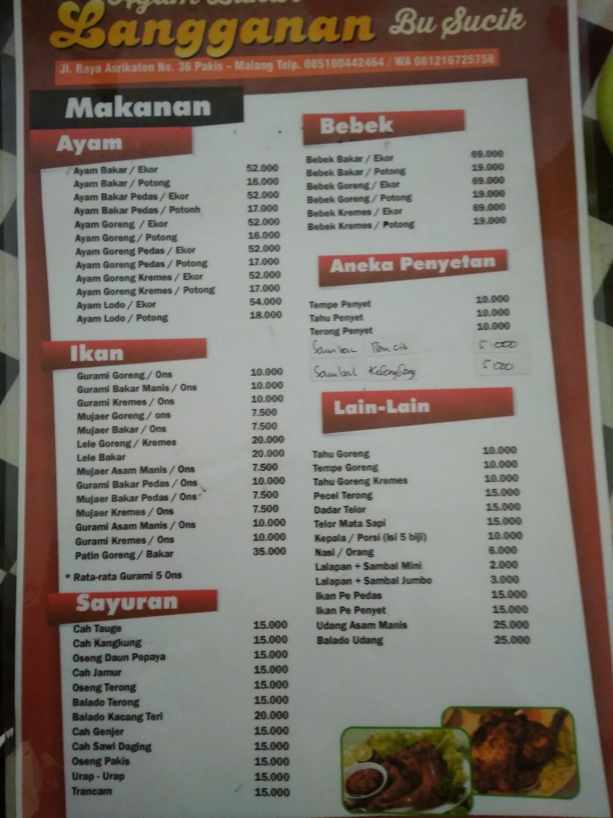 Menu at Bu Sucik Roasted Chicken restaurant, Malang