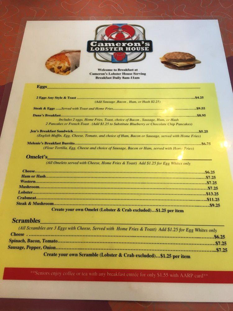 Menu at Cameron's Lobster House restaurant, Brunswick