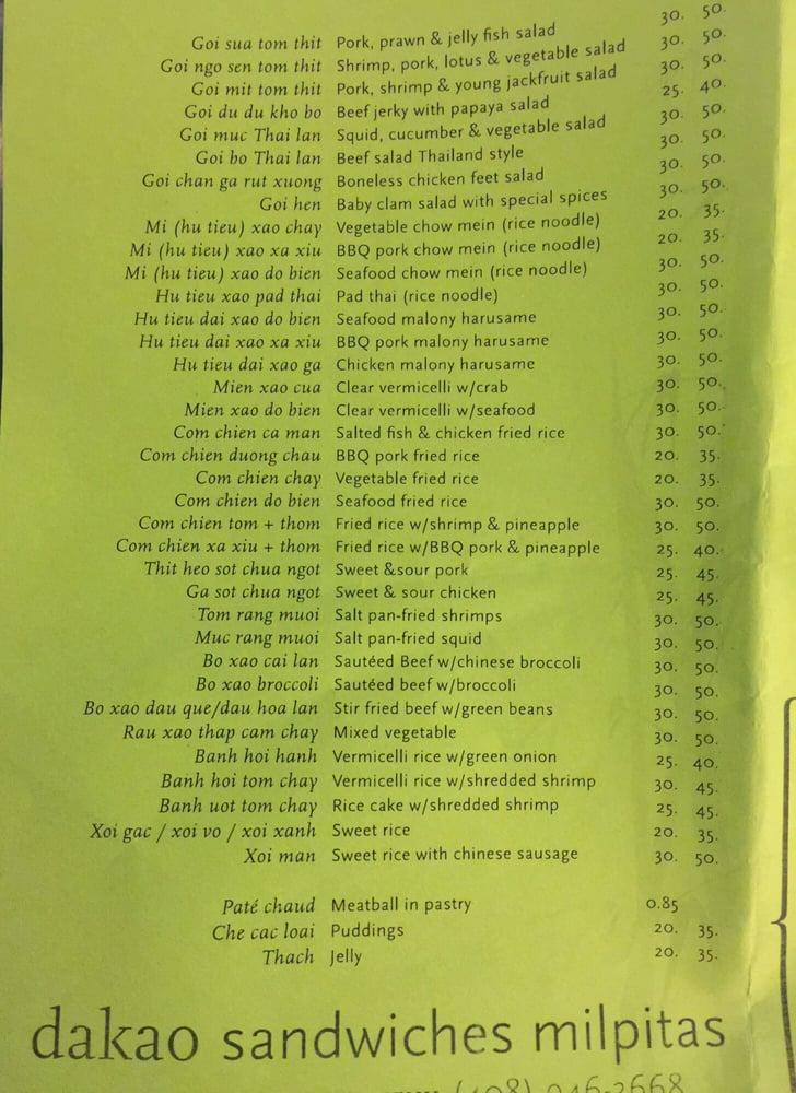 Menu at Dakao Sandwich 2 restaurant, Milpitas