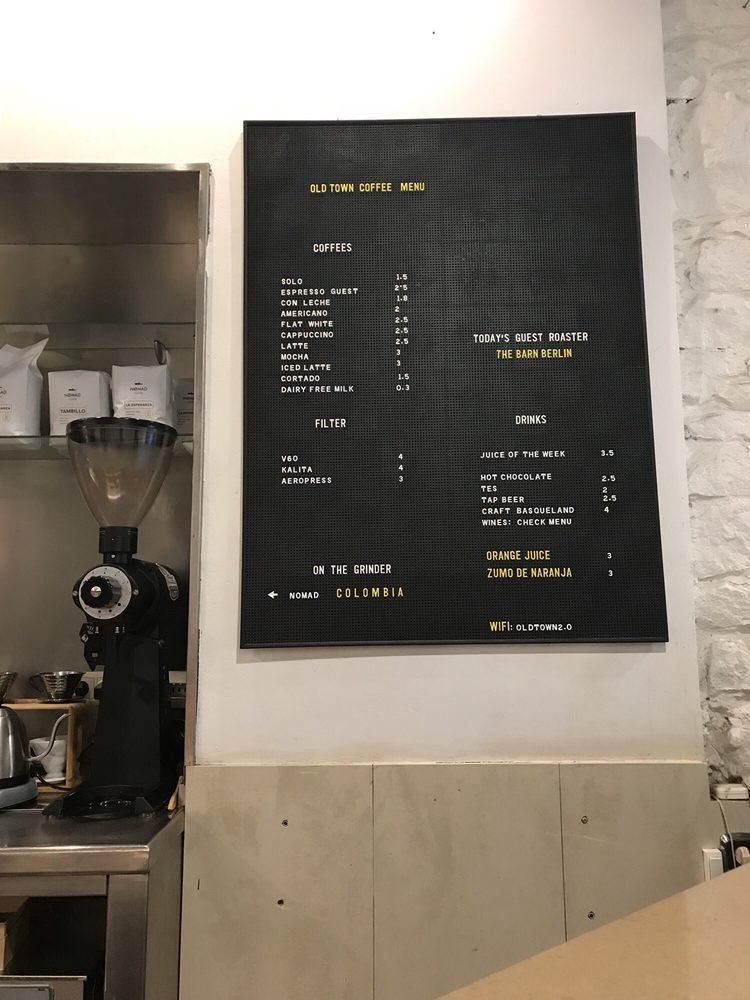 Carta del café Old Town Coffee, San Sebastián