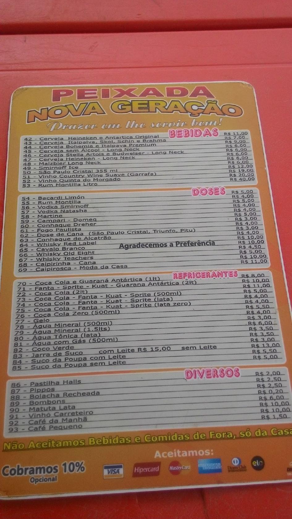 Menu at Peixada Nova Geração restaurant, João Pessoa