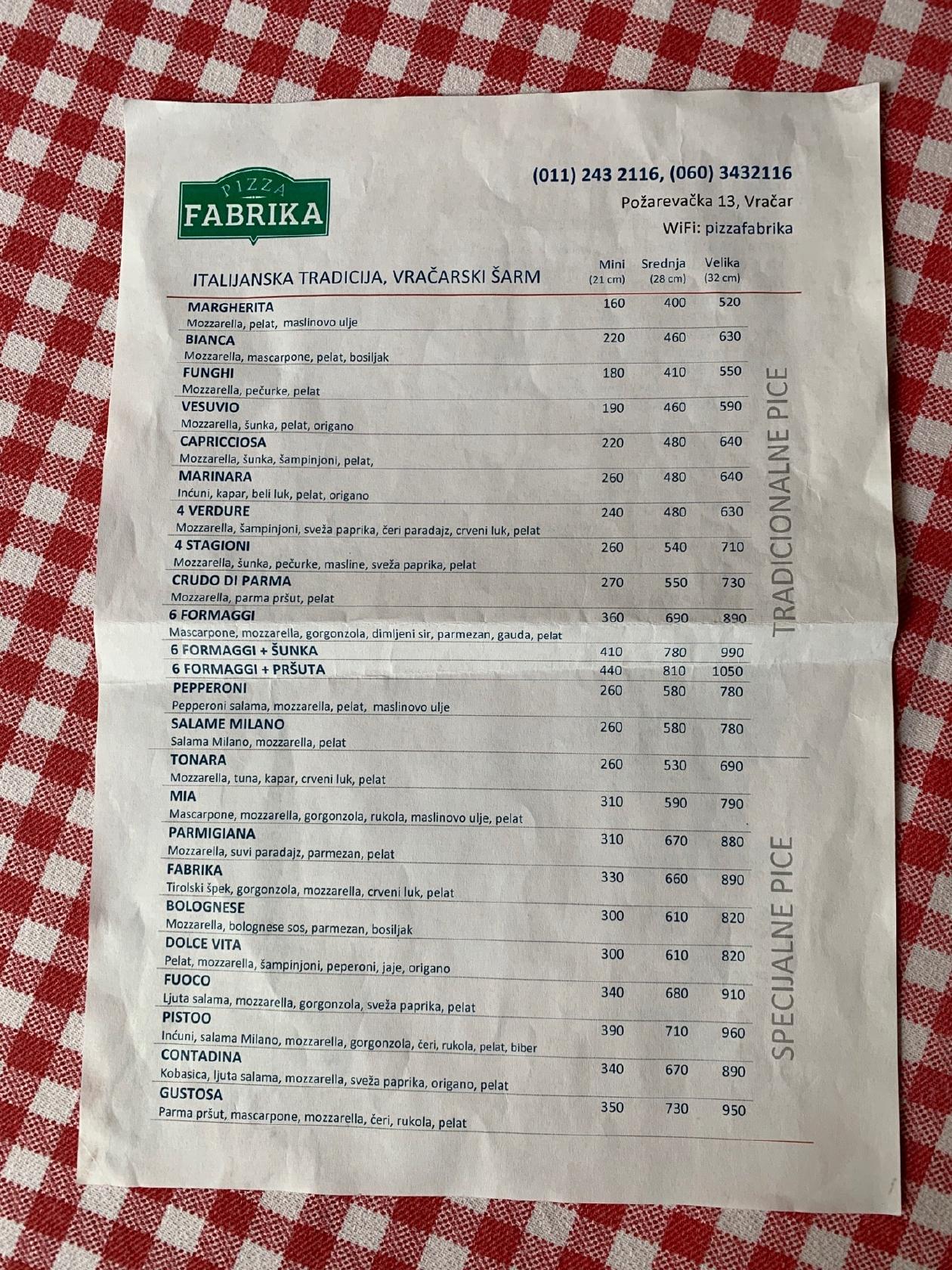 Menu at Pizza Fabrika Vracar restaurant, Belgrade, Požarevačka 13