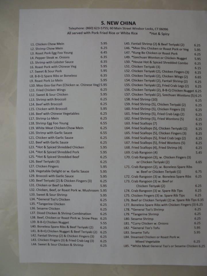 Menu at S. New China restaurant, Windsor Locks
