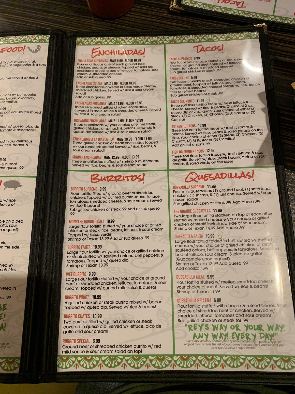 Menu at Rey's Mexican Grill restaurant, Cookeville