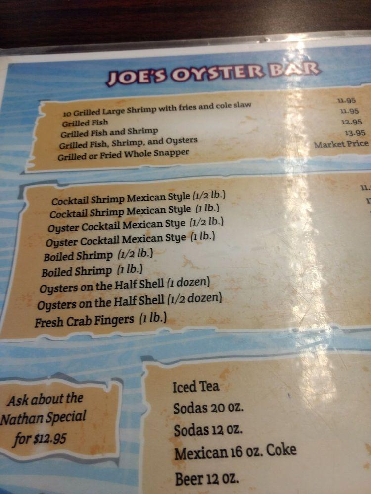 Menu at Joe's Oyster Bar, Port Isabel