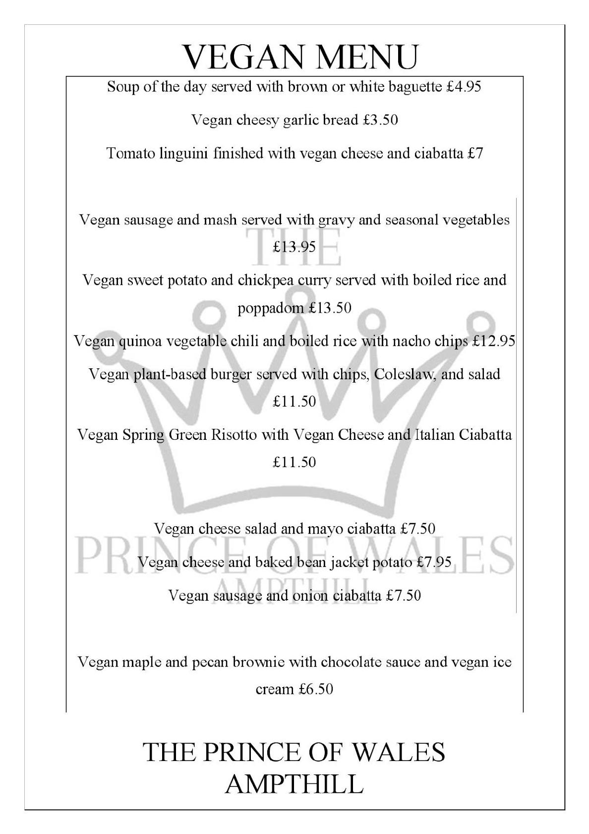 Menu at Prince Of Wales Ampthill restaurant, Ampthill