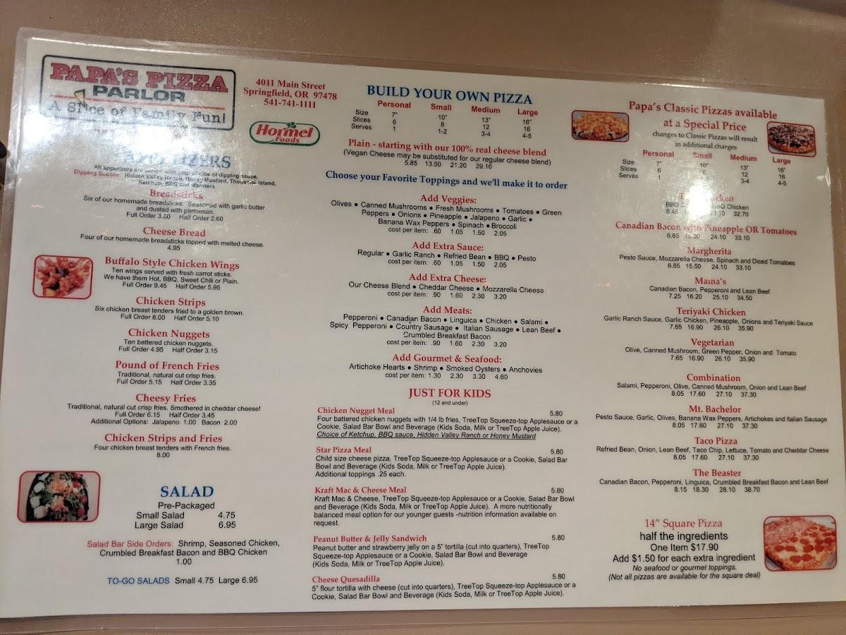 PAPA'S PIZZA PARLOR, Springfield - 4011 Main St - Menu, Prices