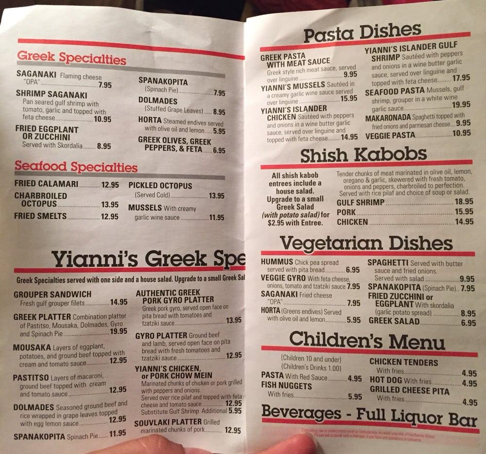 Menu at Yianni's Greek Cuisine restaurant, Tarpon Springs