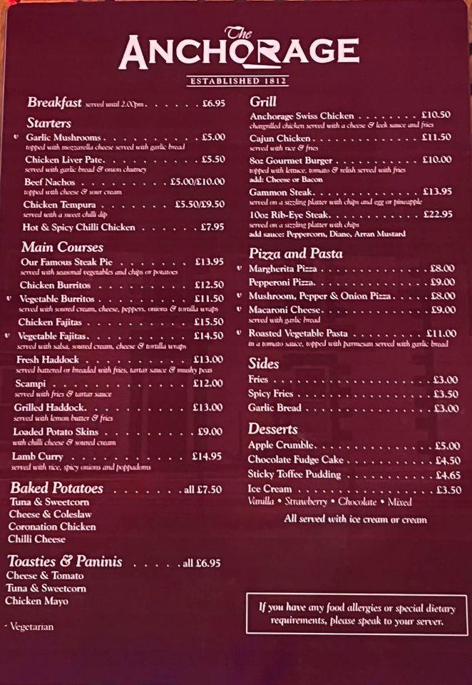 Menu at Anchorage Hotel pub & bar, Troon
