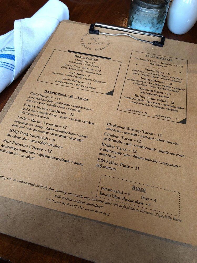 Menu at Ella & Ollie's pub & bar, Edisto Island