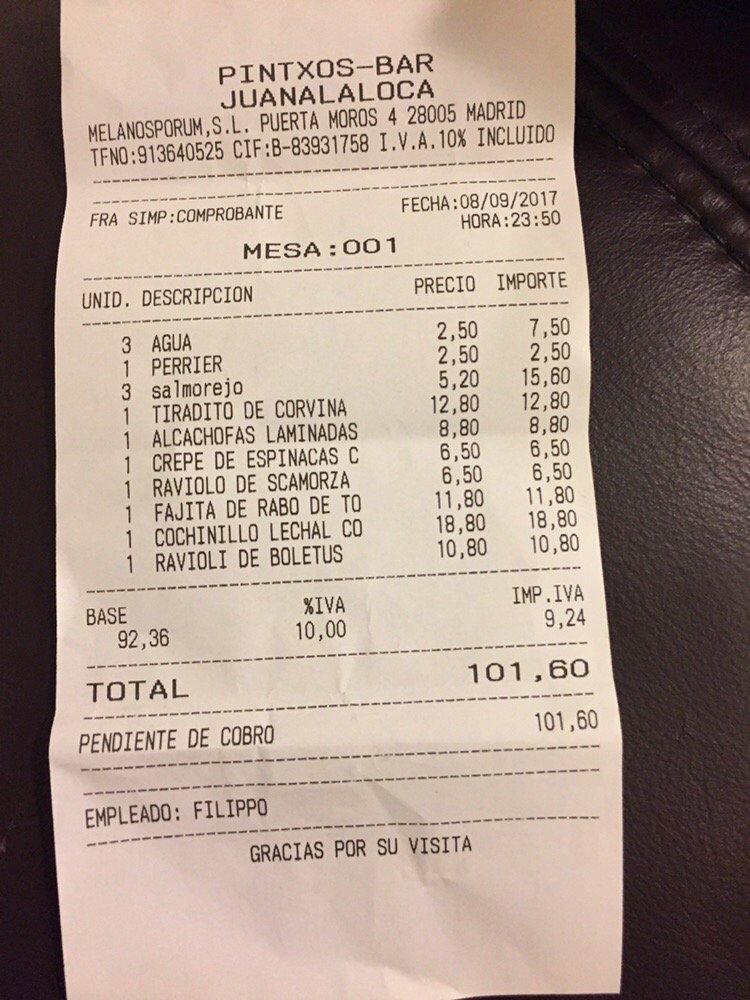 Menu at Juana La Loca restaurant, Madrid, Pl. de Prta de Moros