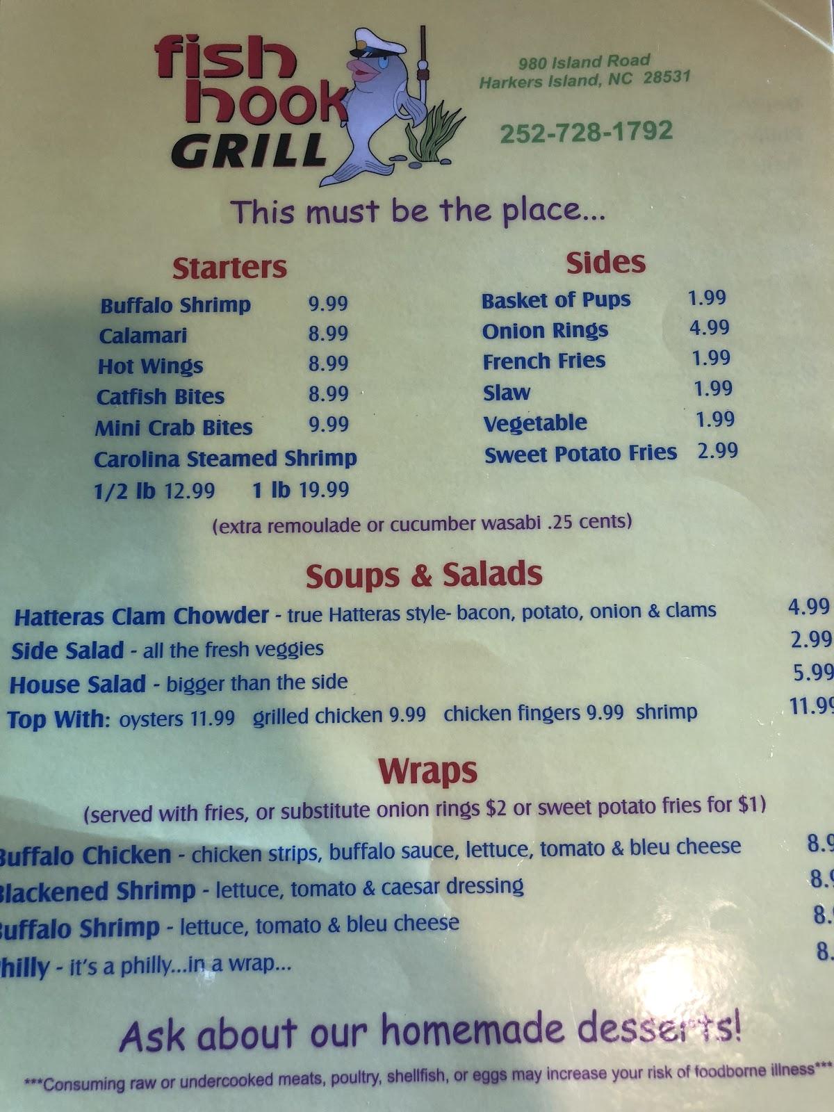 Menu at Fish Hook Grill restaurant, Harkers Island