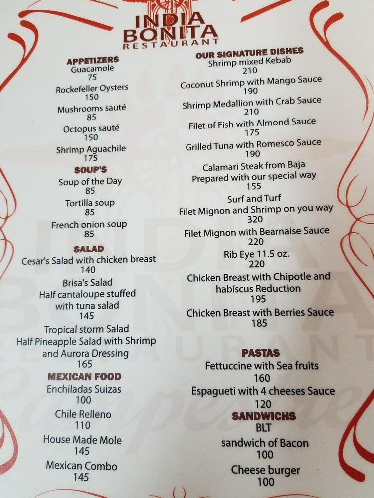 Carta de La India Bonita Restaurante Campestre, Maneadero