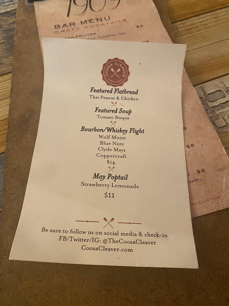 Menu at The Coosa Cleaver restaurant, Wetumpka