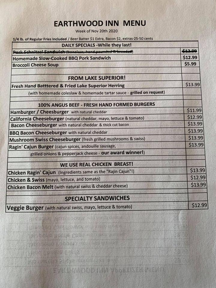 Menu at Earthwood Inn, Restaurant, & Bar, Two Harbors
