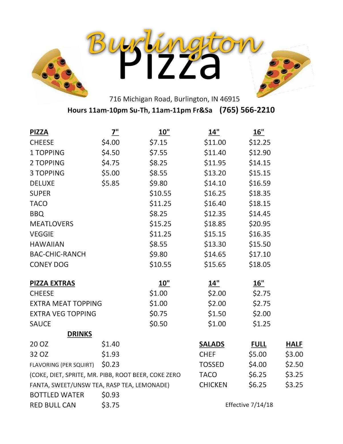 Menu at Burlington Pizza/The Barn, Burlington, 716 S Michigan St