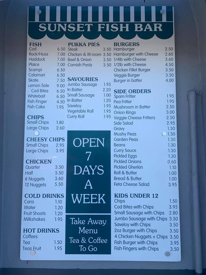 Menu at Sunset Fish Bar, Herne Bay