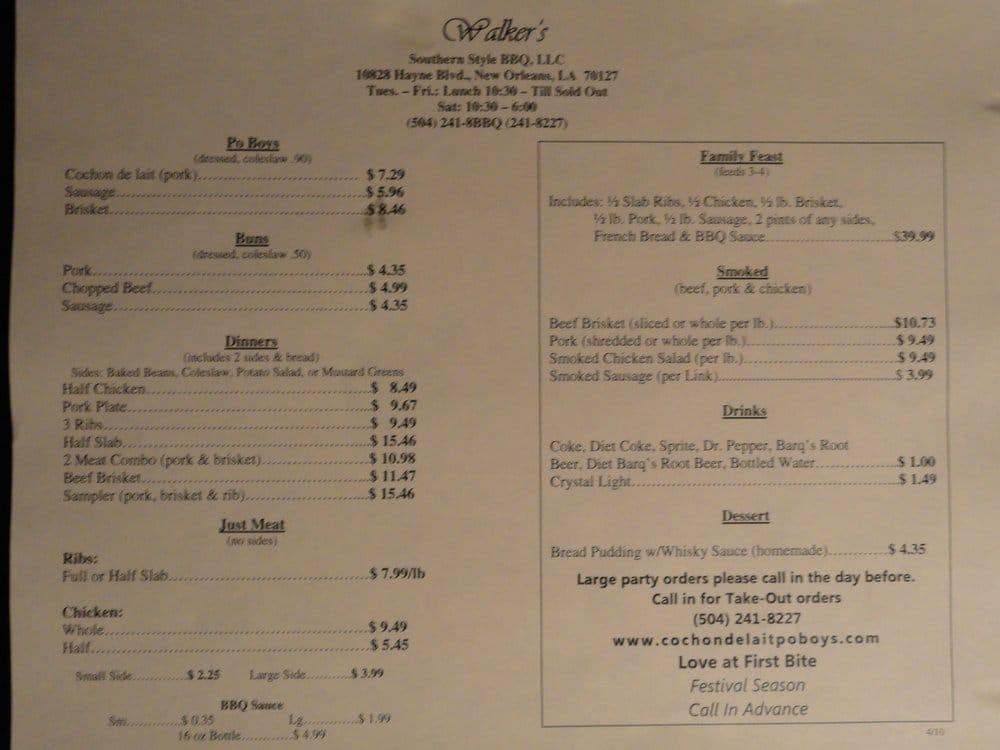 Menu at Walker's BBQ, New Orleans