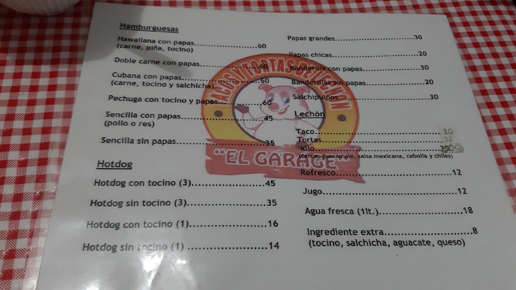 Menu at Tacos y Tortas El Garage restaurant, Aguascalientes