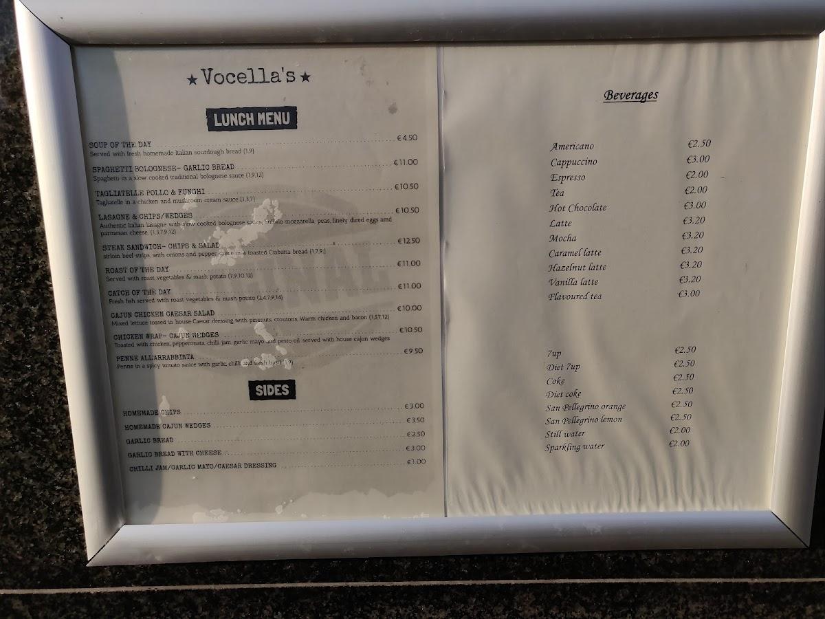 Menu at Vocella’s restaurant, Longford