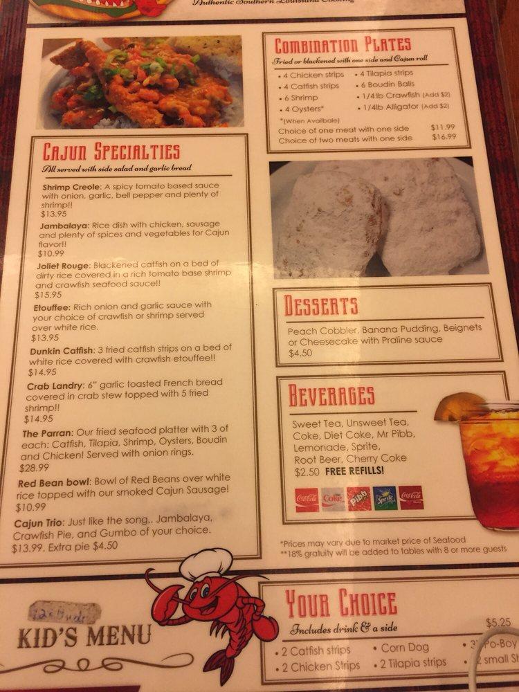 Menu at Flavors of Louisiana restaurant, Tulsa