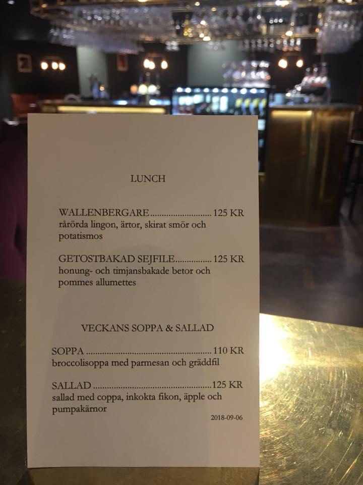 Menu at Playhouse Bistro restaurant, Stockholm