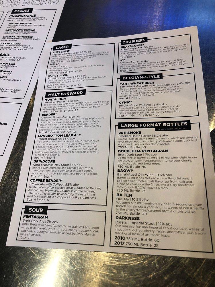 Menu at Surly Brewing Co. pizzeria, Minneapolis