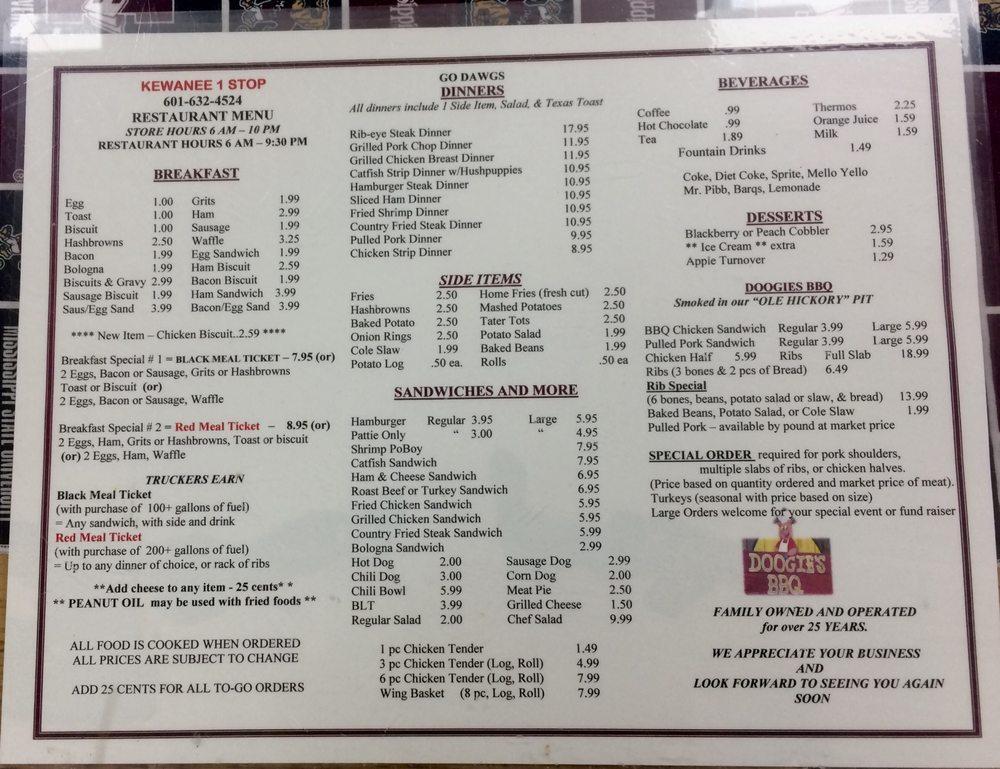 Menu at Kewanee One Stop BBQ, Toomsuba