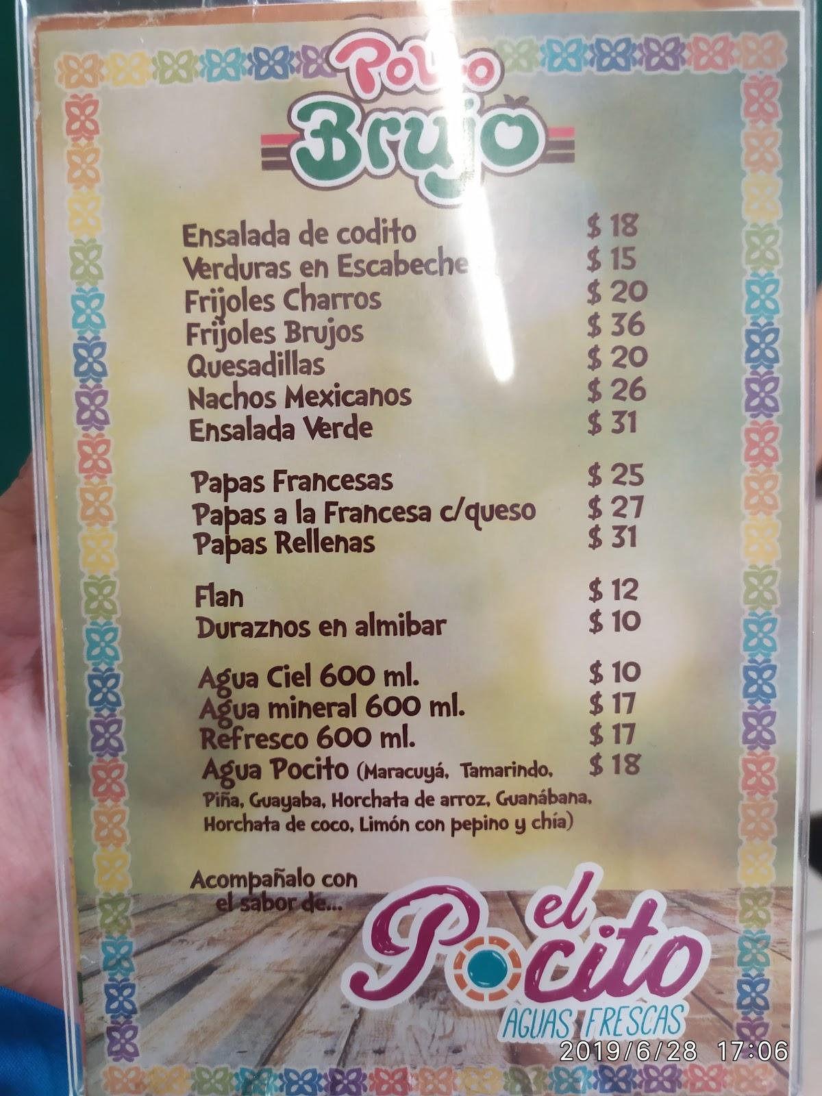 Menu at Pollo Brujo restaurant, Oaxaca, Boulevard Jose Eduardo Vasconcelos  1800