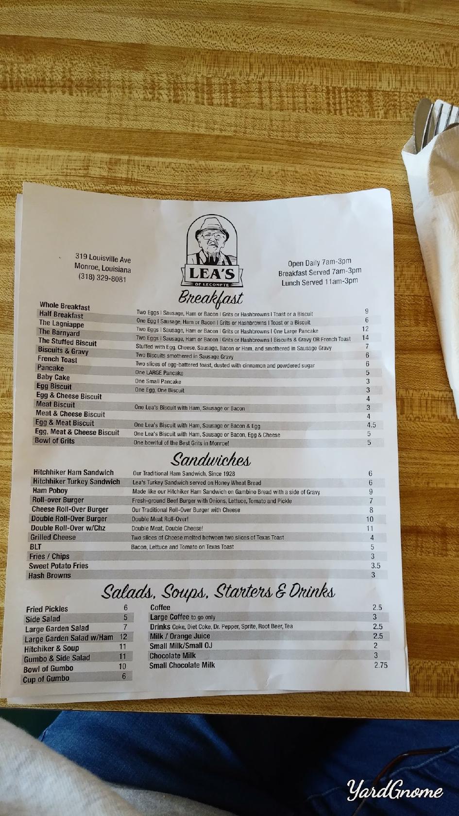 Menu at Lea's of Monroe cafe, Monroe