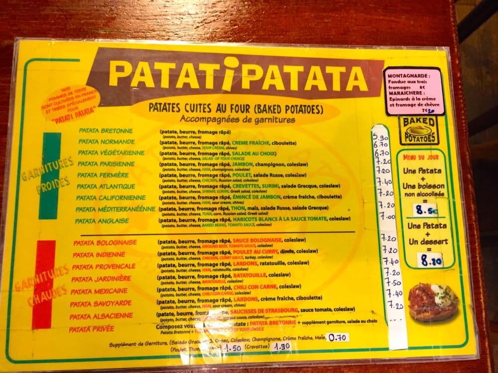 Menu au Patati Patata Paris fast food, Paris, 51 Rue de Lappe