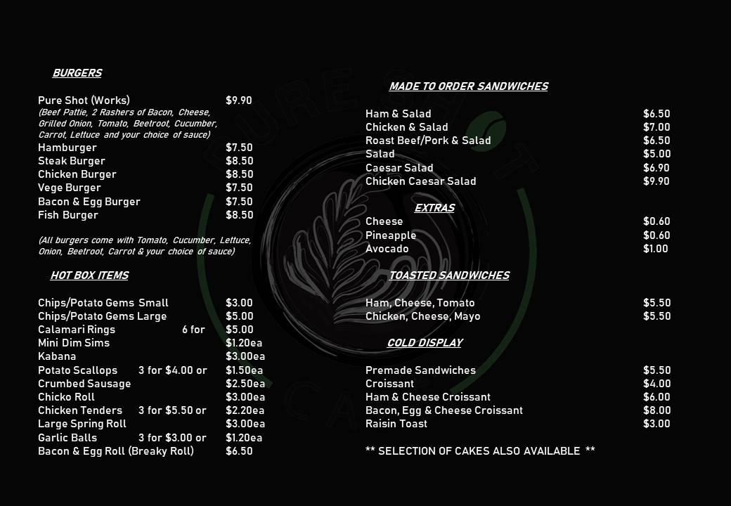 Menu at Pure Shot Cafe, Brendale