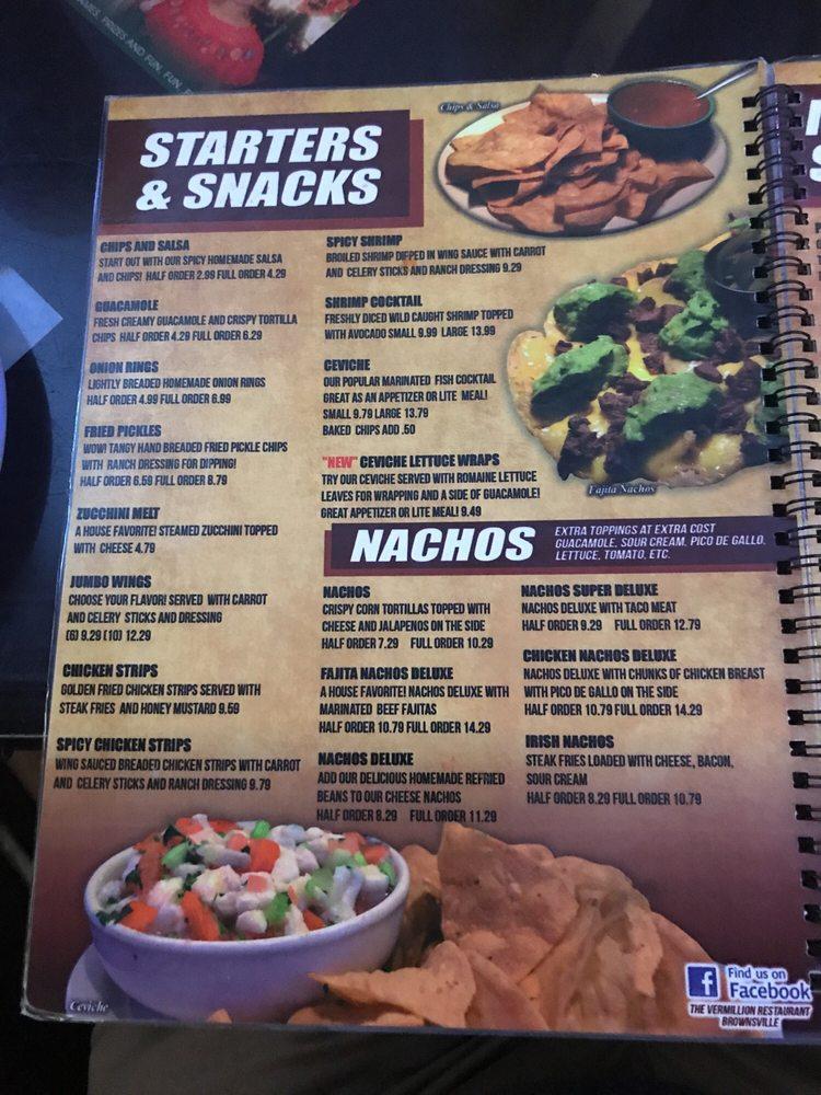 Menu at Vermillion Restaurant and Watering Hole, Brownsville