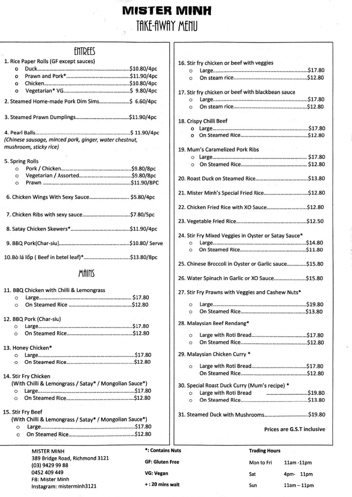 Menu At Mister Minh Restaurant Richmond 350 Bridge Rd