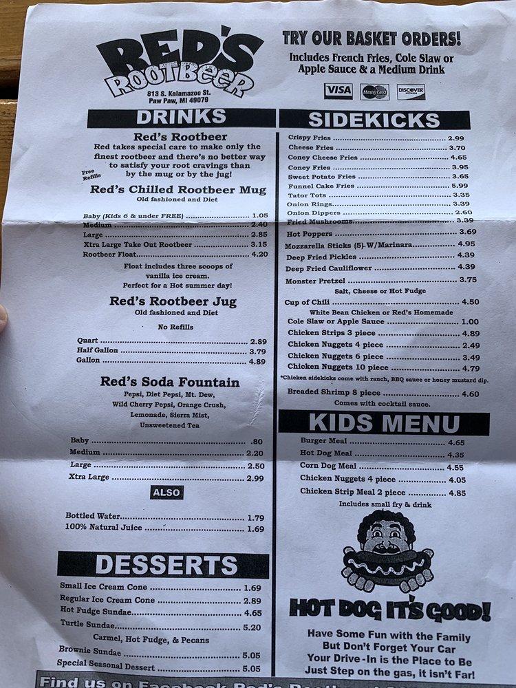 Menu at Red's Root Beer restaurant, Paw Paw, 813 S Kalamazoo St