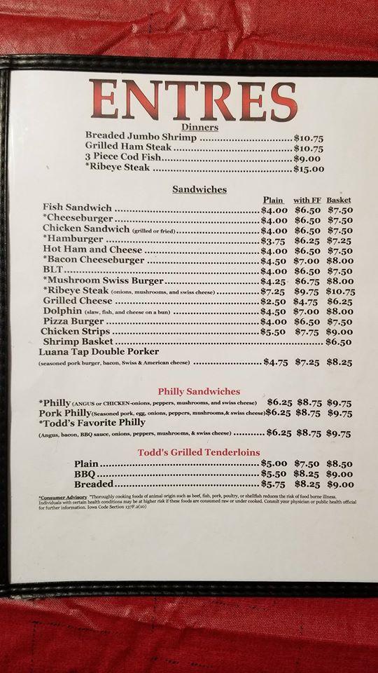 Menu at Luana Tavern restaurant, Luana