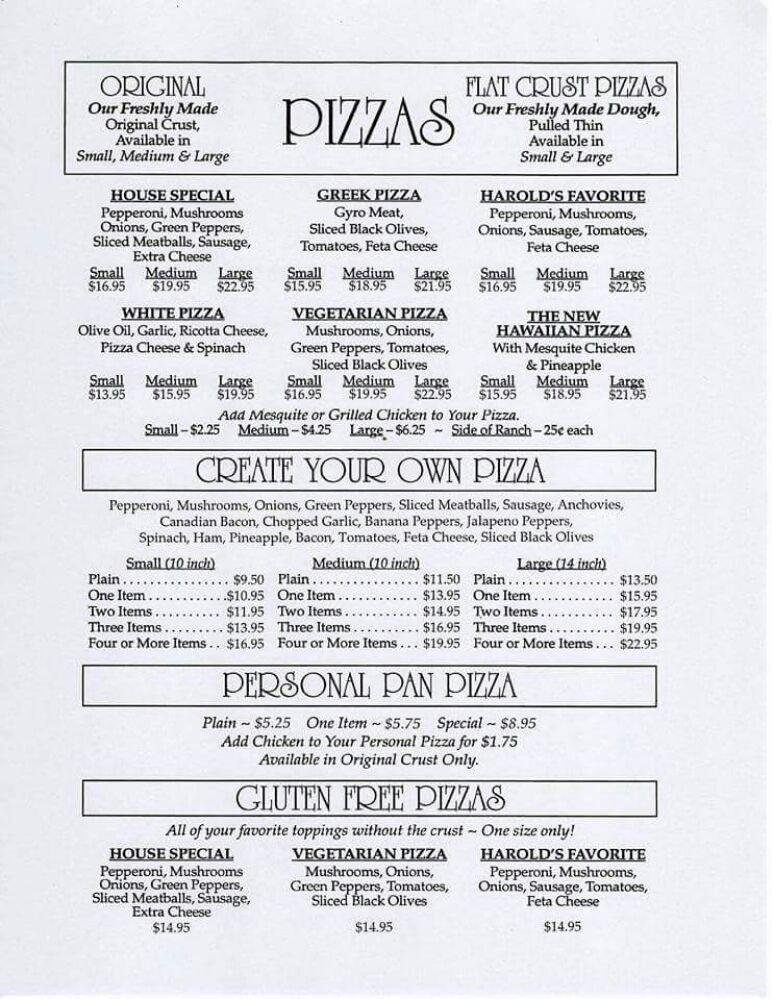 Menu at Harold's pizzeria, Virginia Beach