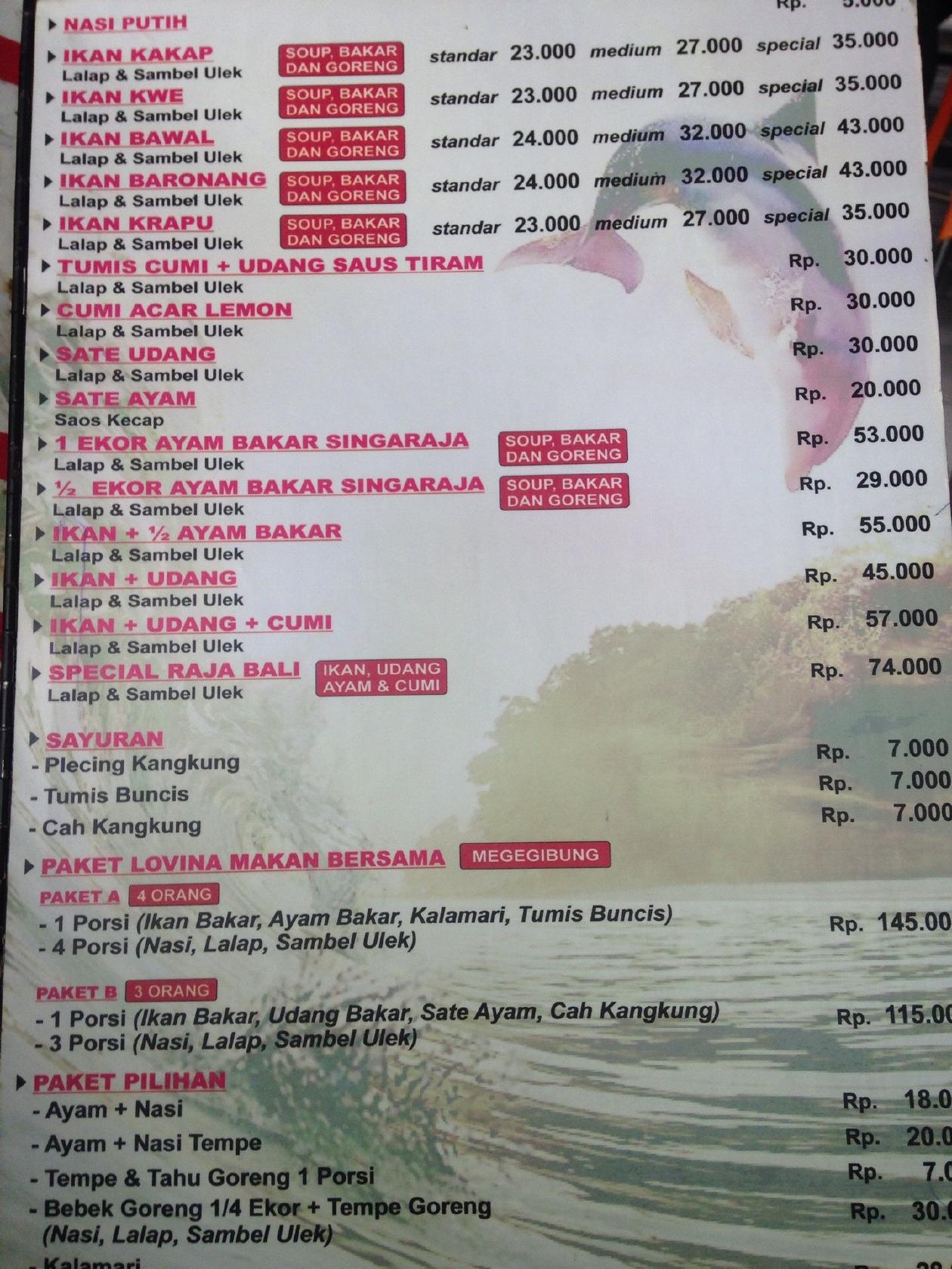 Menu at Warung Lovina Balinese Seafood restaurant, South Jakarta