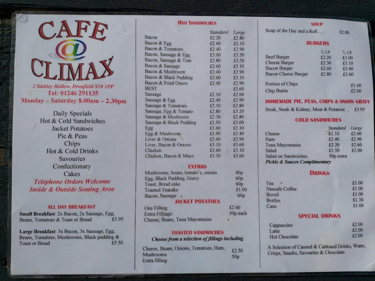 Menu at Climax Cafe, Dronfield