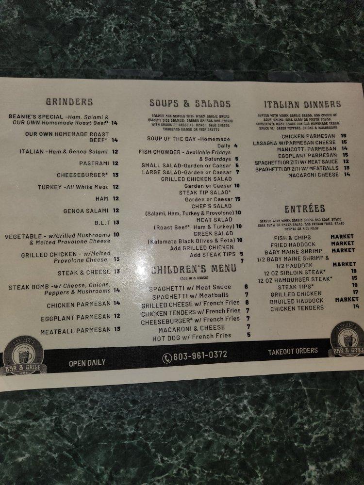 Menu at Beanie's Bar & Grill, Loudon
